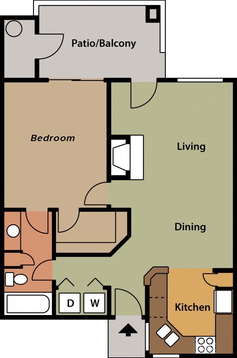 Floor plan for 1 bed, 1 bath, 697 sqft
